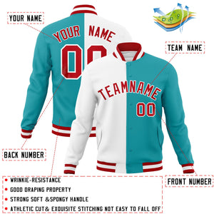 Custom White Aqua-Red Varsity Full-Snap Letterman Two Tone Split Fashion Jacket