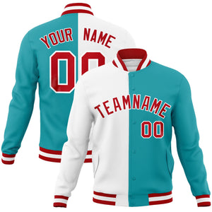 Custom White Aqua-Red Varsity Full-Snap Letterman Two Tone Split Fashion Jacket