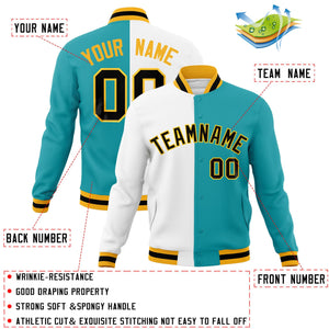 Custom White Aqua-Black Varsity Full-Snap Letterman Two Tone Split Fashion Jacket