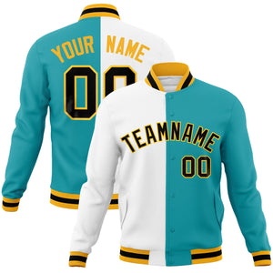 Custom White Aqua-Black Varsity Full-Snap Letterman Two Tone Split Fashion Jacket