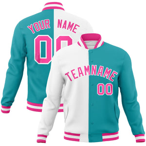 Custom White Aqua-Pink Varsity Full-Snap Letterman Two Tone Split Fashion Jacket