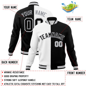 Custom White Black-Black Varsity Full-Snap Letterman Two Tone Split Fashion Jacket