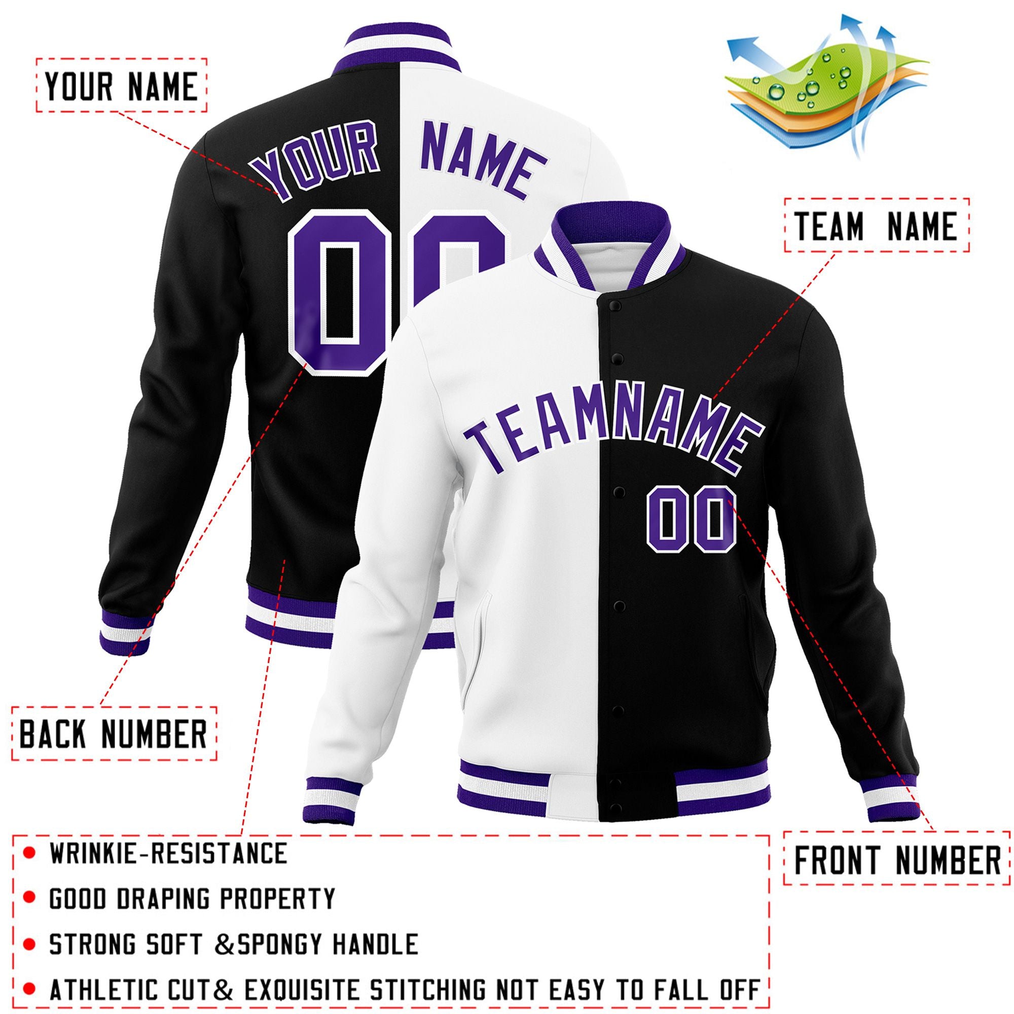 Veste de mode fendue bicolore personnalisée blanc noir-violet Varsity Full-Snap Letterman