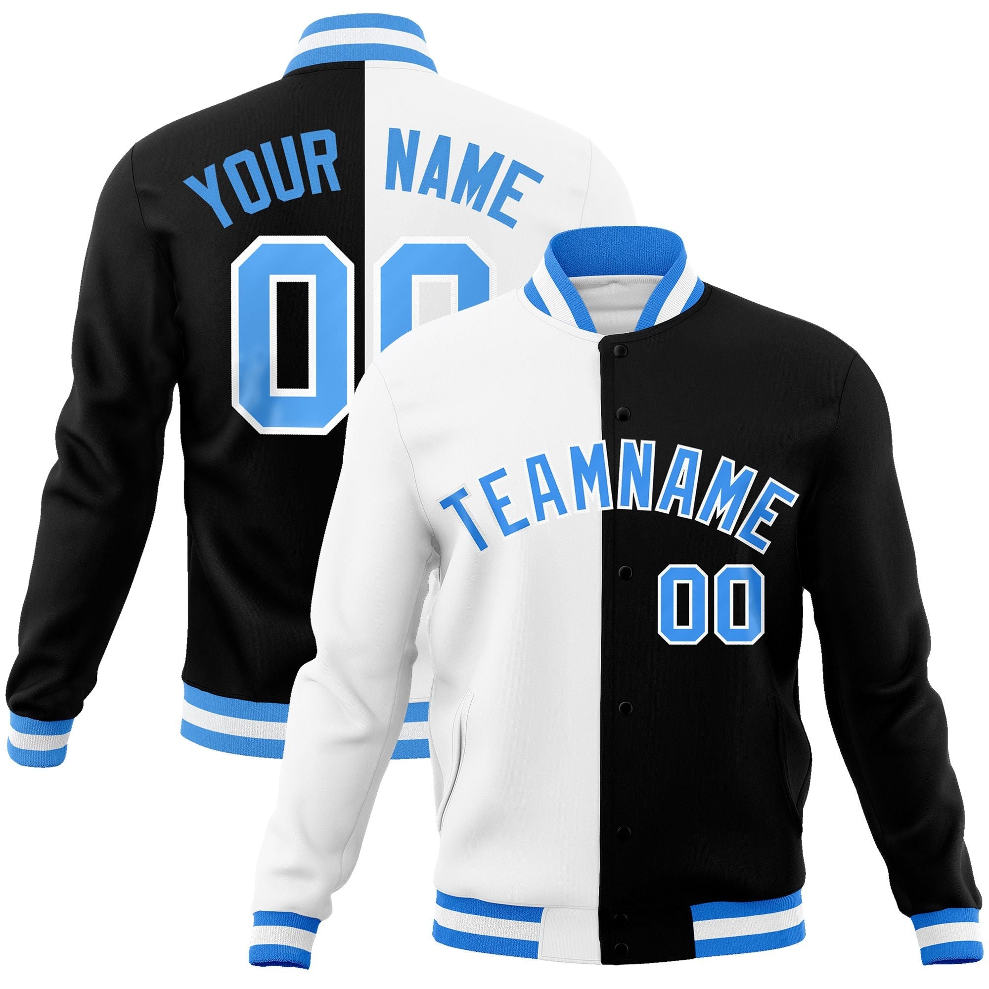 Custom White Black-Powder Blue Varsity Full-Snap Letterman Two Tone Split Fashion Jacket