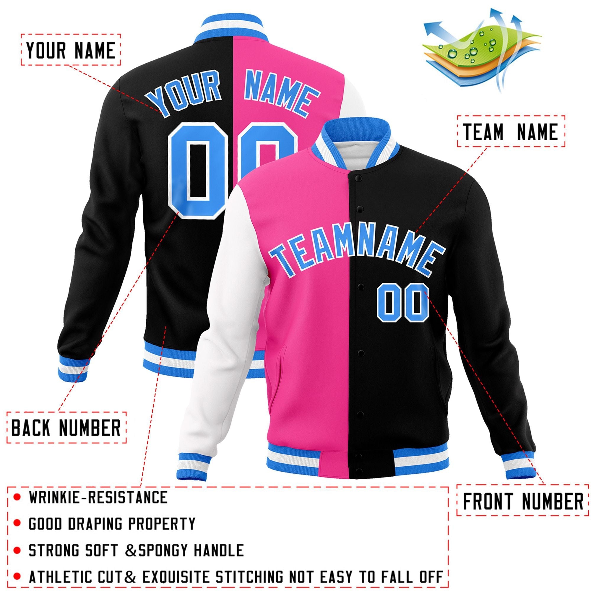 Custom Pink Black-Powder Blue Varsity Full-Snap Letterman Two Tone Split Fashion Jacket