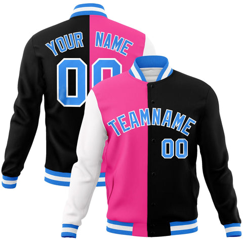 Custom Pink Black-Powder Blue Varsity Full-Snap Letterman Two Tone Split Fashion Jacket