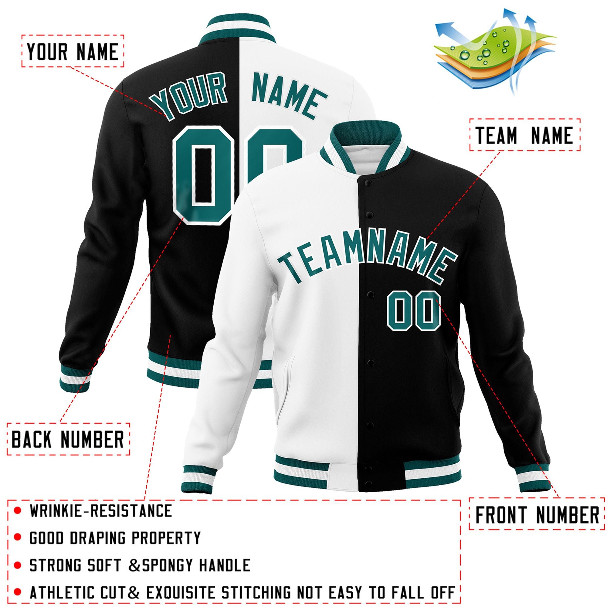 Custom White Black-Aqua Varsity Full-Snap Letterman Two Tone Split Fashion Jacket