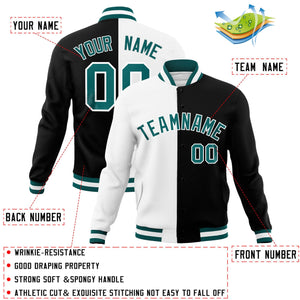 Custom White Black-Aqua Varsity Full-Snap Letterman Veste de mode divisée à deux tons