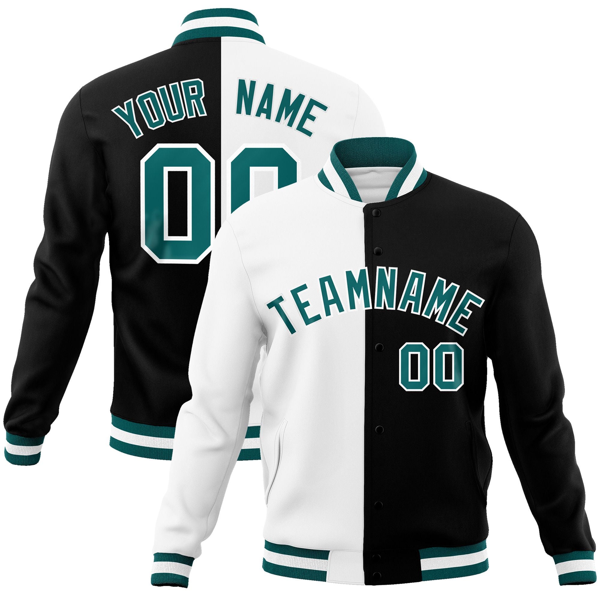 Custom White Black-Aqua Varsity Full-Snap Letterman Two Tone Split Fashion Jacket