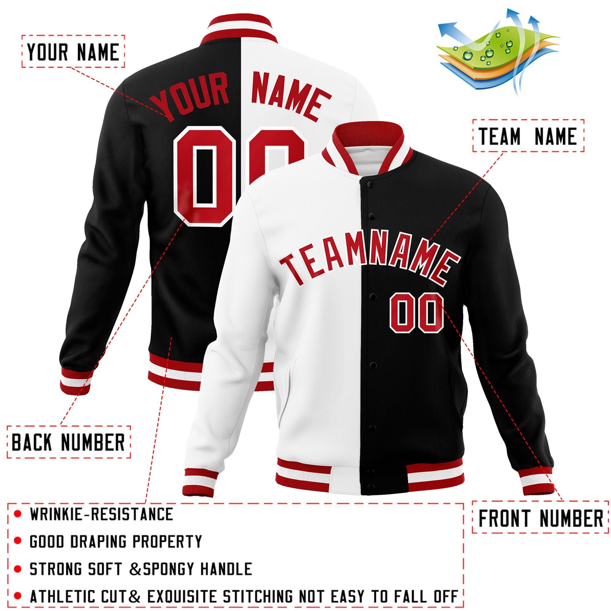 Custom White Black-Red Varsity Full-Snap Letterman Two Tone Split Fashion Jacket