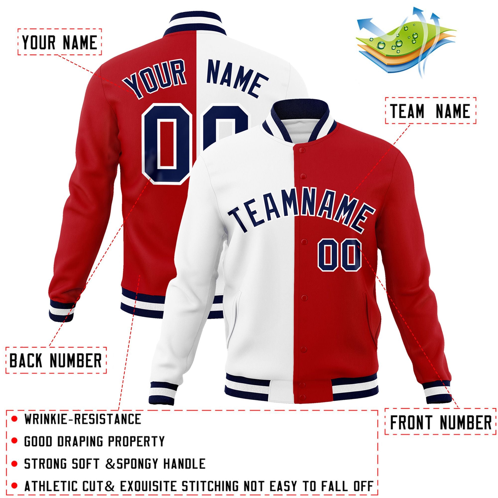 Veste de mode fendue bicolore personnalisée blanc rouge-marine Varsity Letterman