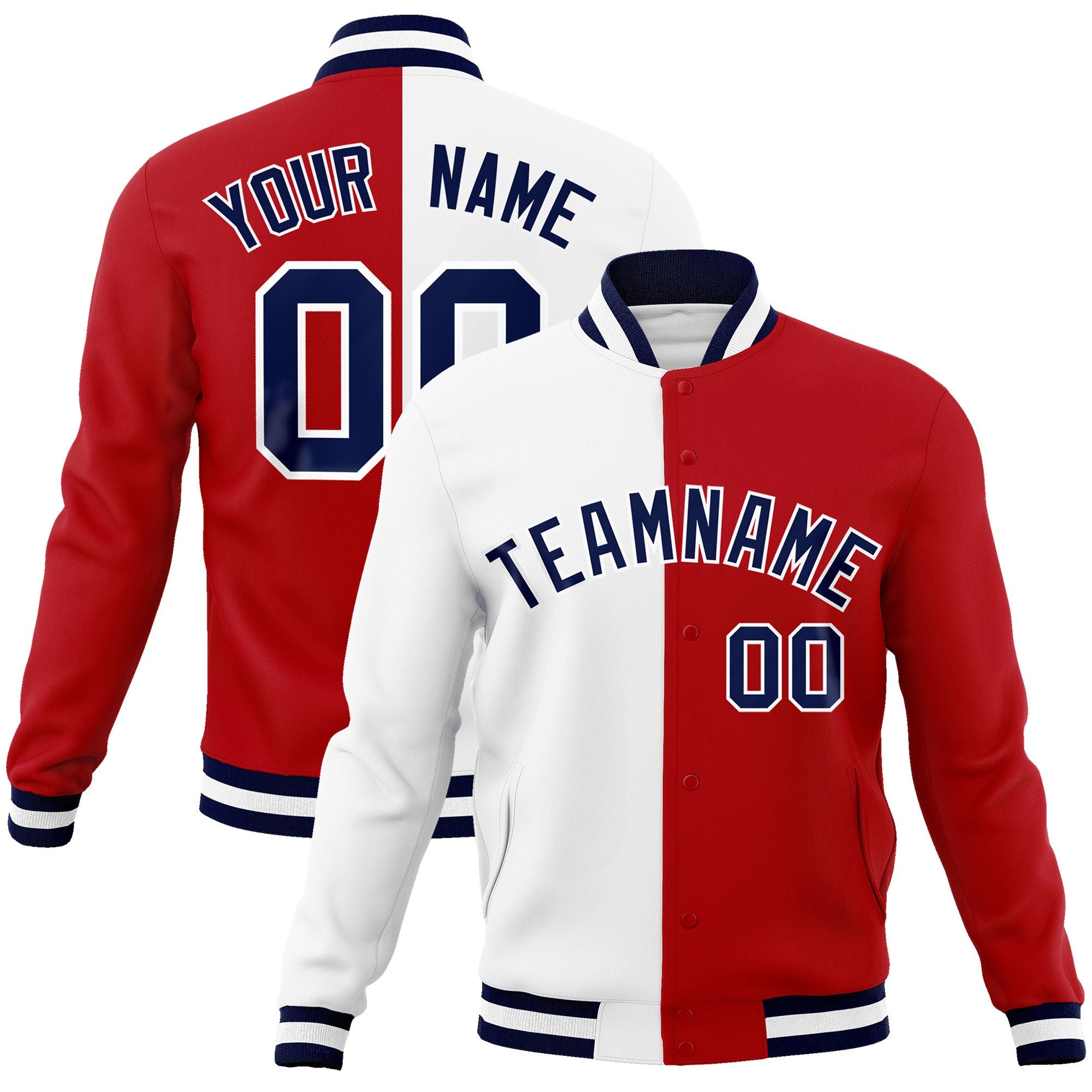 Custom White Red-Navy Varsity Full-Snap Letterman Two Tone Split Fashion Jacket