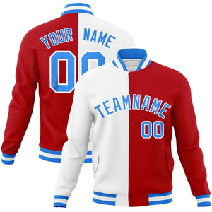 Custom White Red-Powder Blue Varsity Full-Snap Letterman Two Tone Split Fashion Jacket