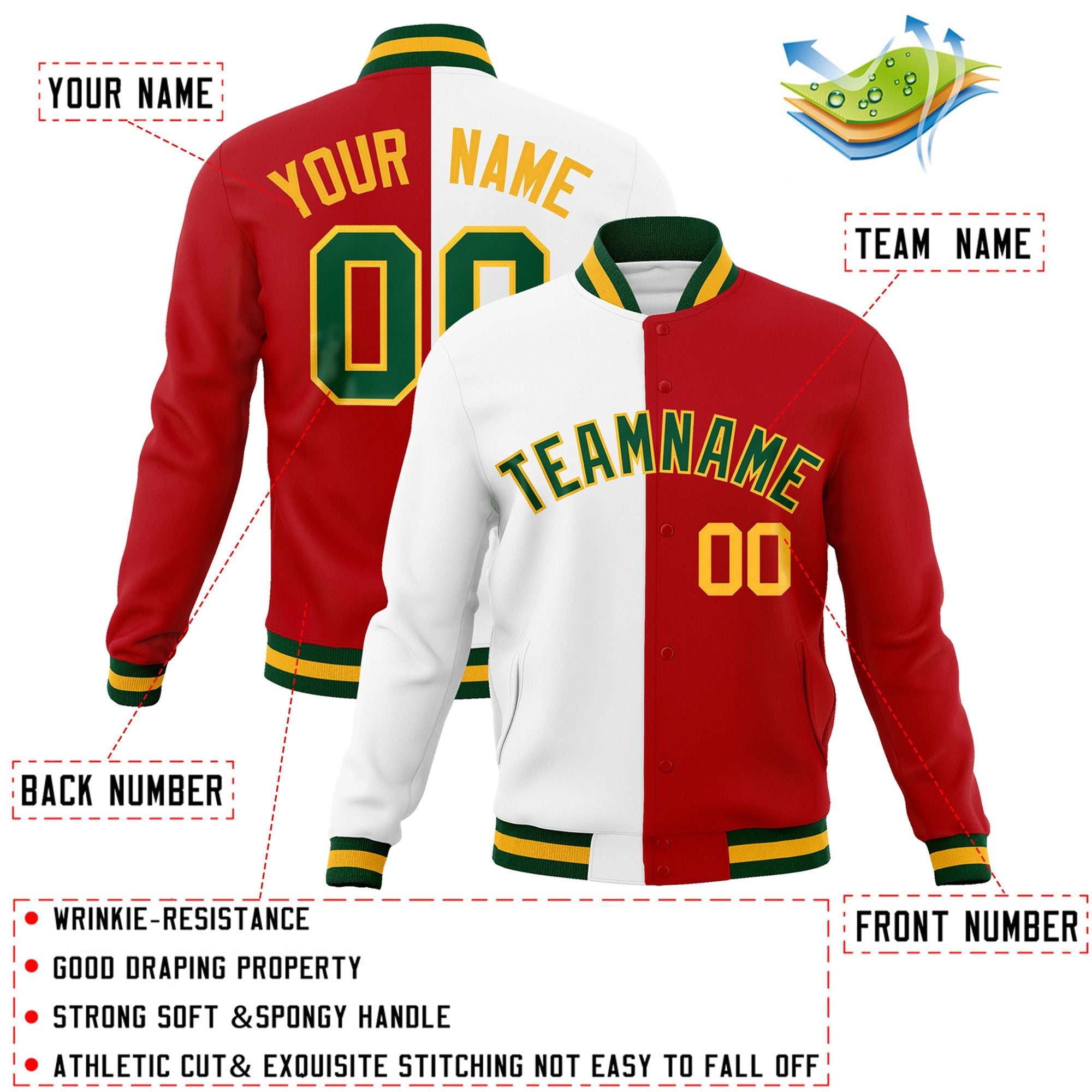 Custom White Red-Green Varsity Full-Snap Letterman Two Tone Split Fashion Jacket