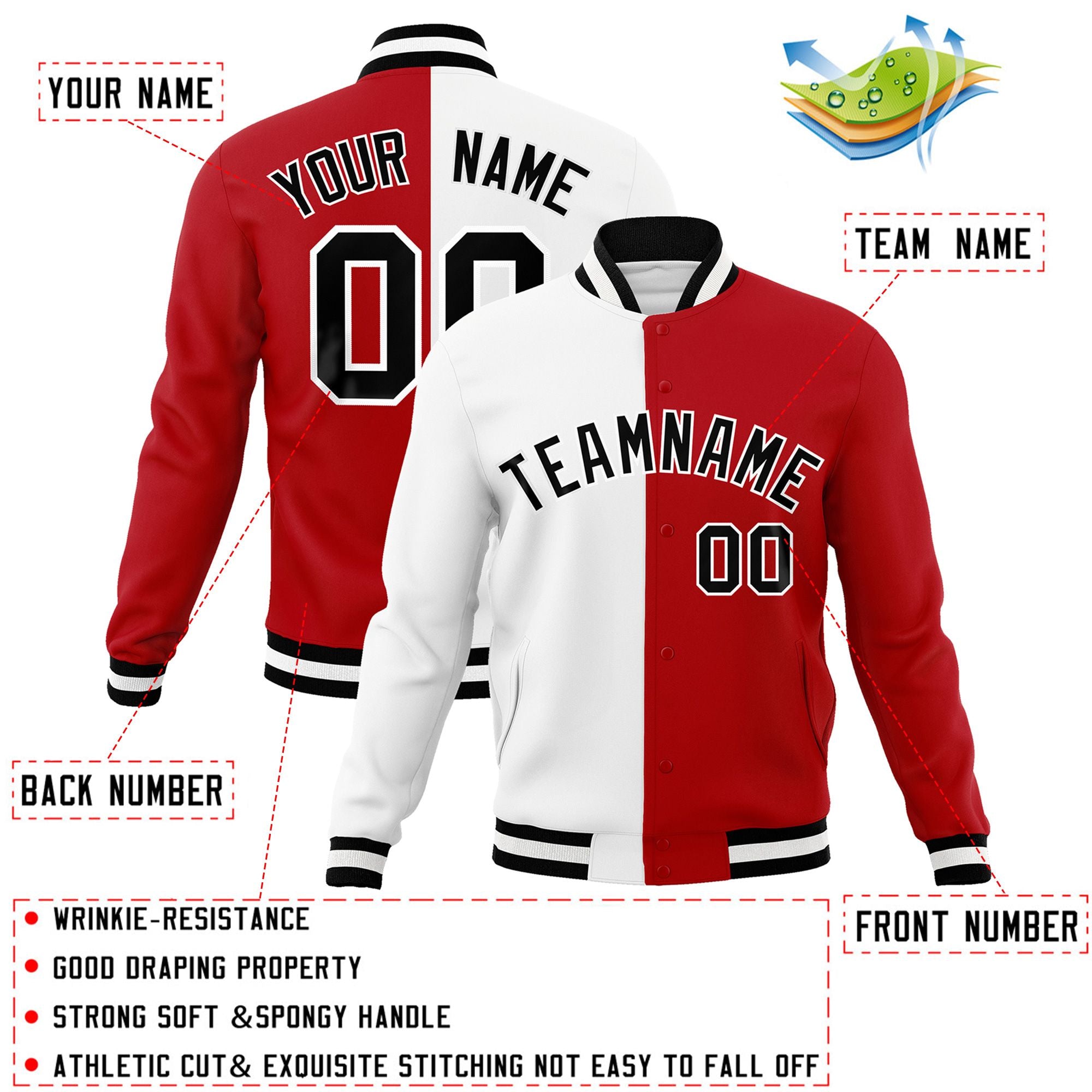 Custom White Red-Black Varsity Full-Snap Letterman Two Tone Split Fashion Jacket