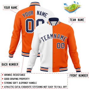 Custom White Orange-Navy Varsity Full-Snap Letterman Two Tone Split Fashion Jacket