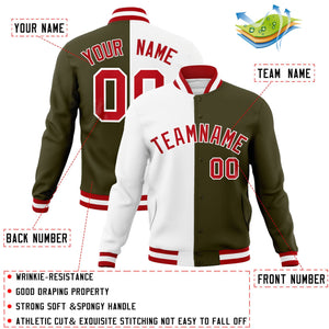 Custom White Olive-Red Varsity Full-Snap Letterman Two Tone Split Fashion Jacket