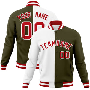 Custom White Olive-Red Varsity Full-Snap Letterman Two Tone Split Fashion Jacket