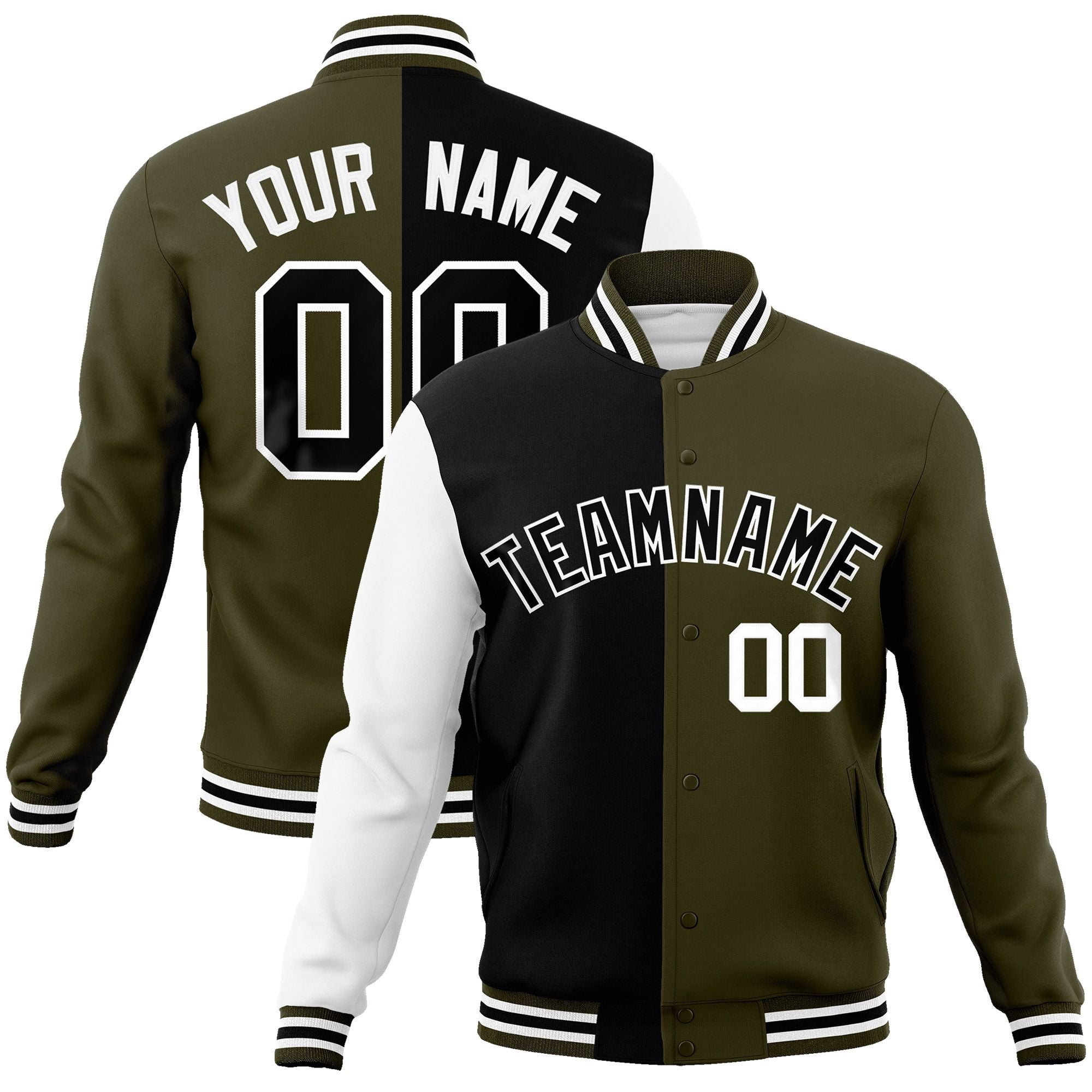 Custom Black Olive-Black Varsity Full-Snap Letterman Two Tone Split Fashion Jacket