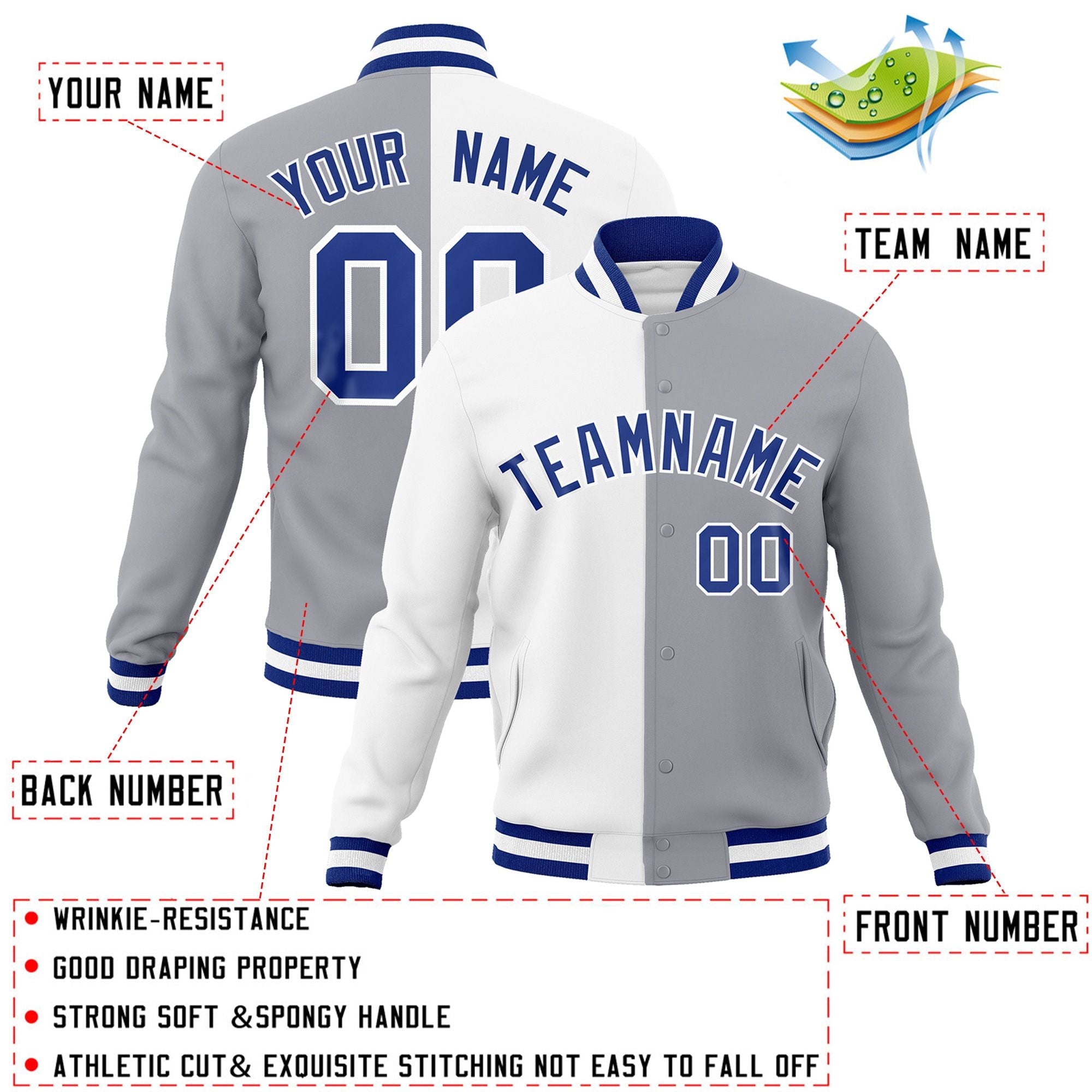 Custom White Gray-Royal Varsity Full-Snap Letterman Two Tone Split Fashion Jacket