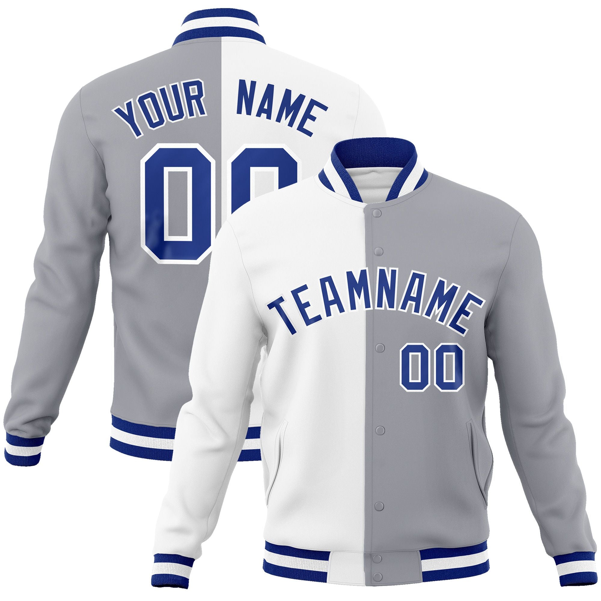 Custom White Gray-Royal Varsity Full-Snap Letterman Two Tone Split Fashion Jacket