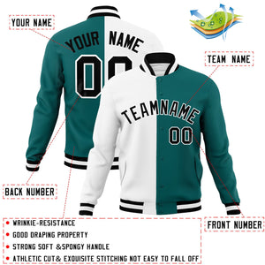 Custom White Aqua-Black Varsity Full-Snap Letterman Two Tone Split Fashion Jacket