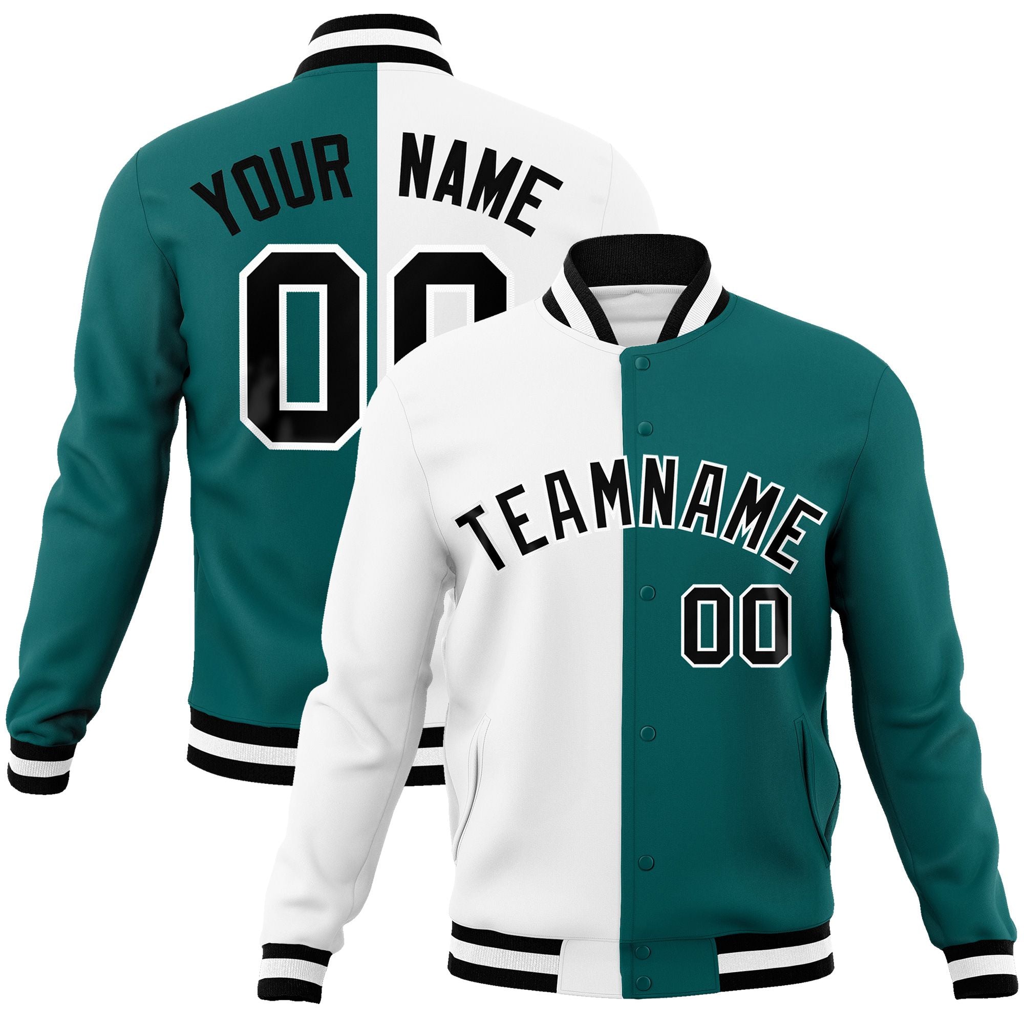 Custom White Aqua-Black Varsity Full-Snap Letterman Two Tone Split Fashion Jacket