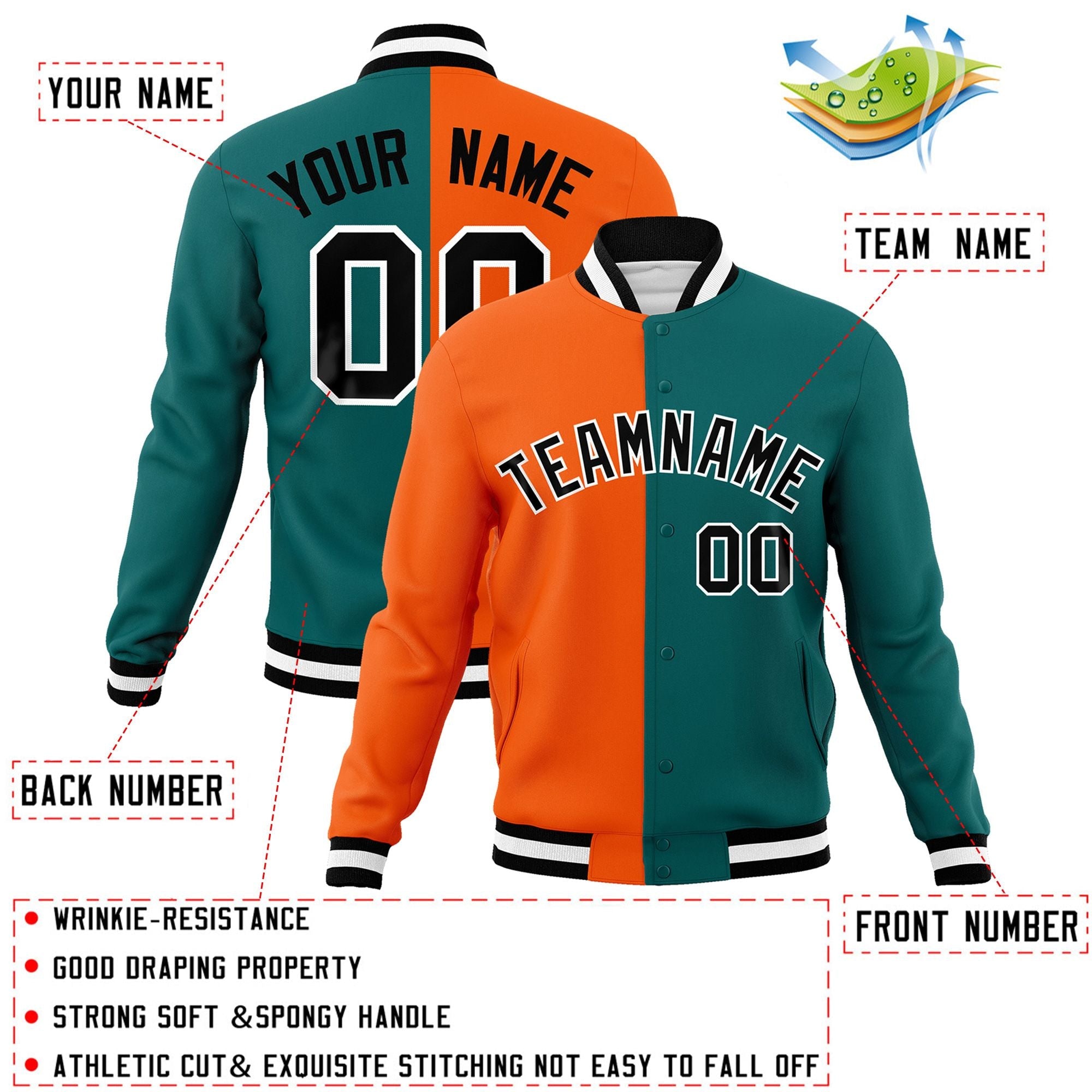 Veste de mode divisée à deux tons Orange Aqua-Black Varsity Full-Snap Letterman personnalisée