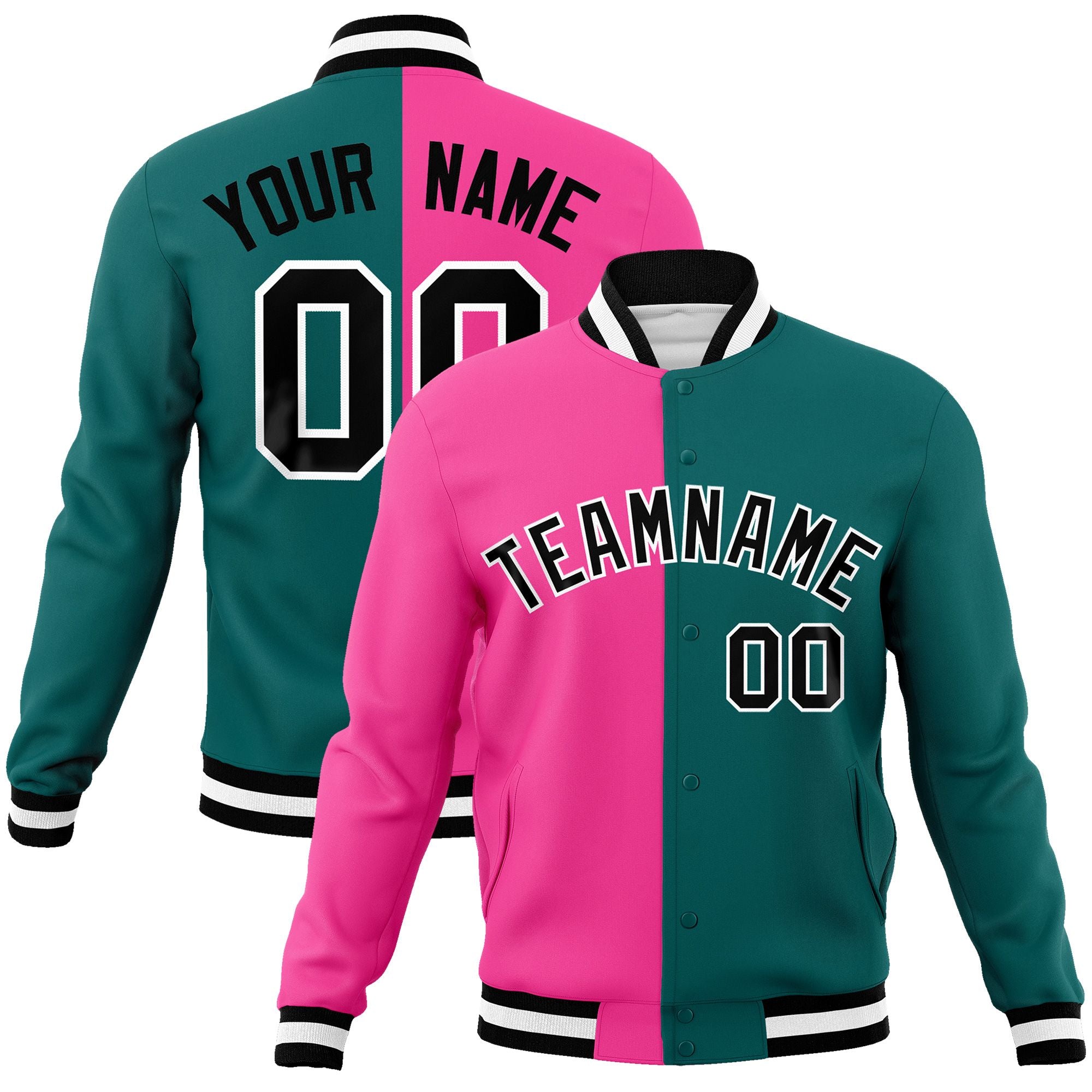 Custom Pink Aqua-Black Varsity Full-Snap Letterman Two Tone Split Fashion Jacket