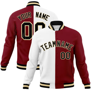 Custom White Crimson-Black Varsity Full-Snap Letterman Two Tone Split Fashion Jacket