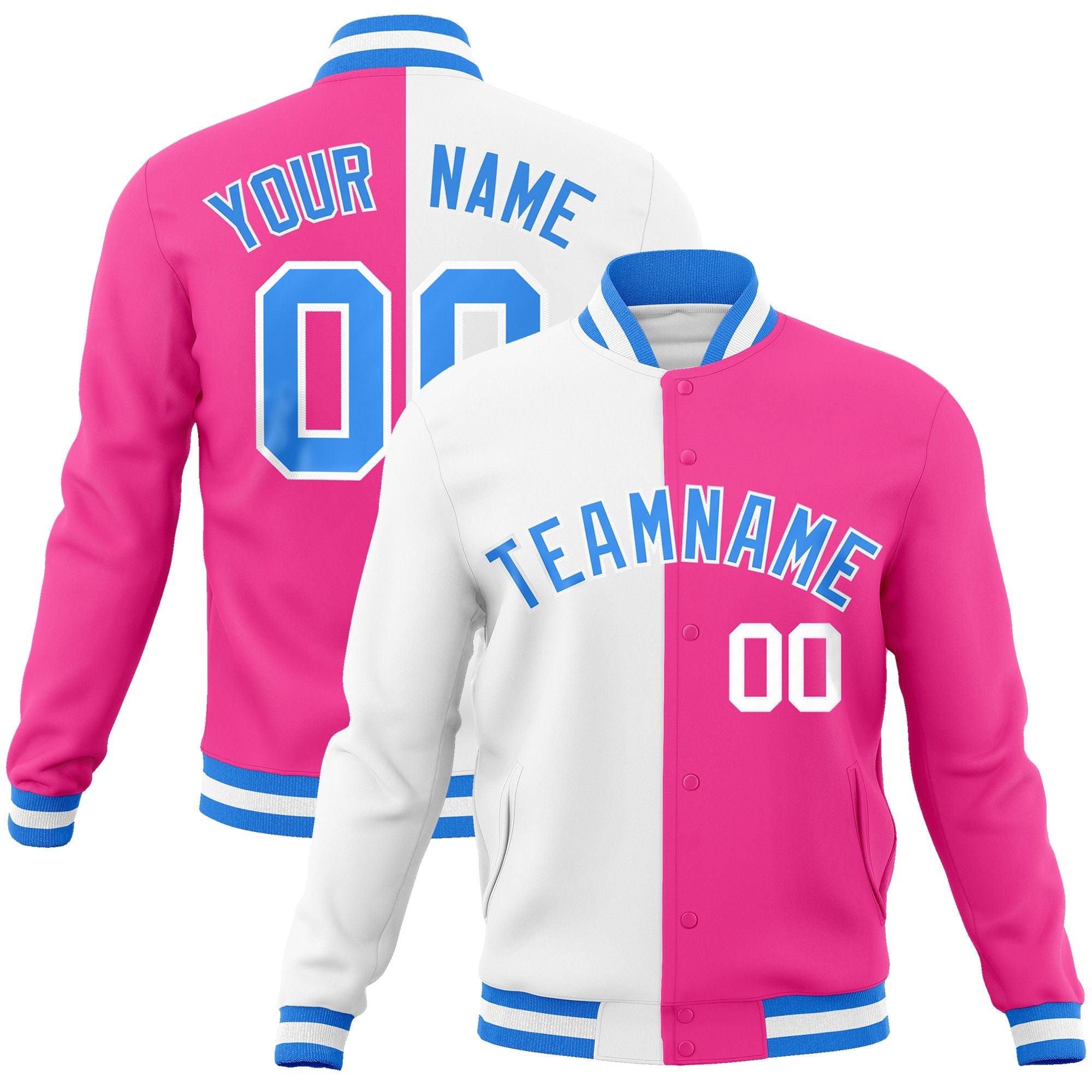 Custom White Pink-Powder Blue Varsity Full-Snap Letterman Two Tone Split Fashion Jacket