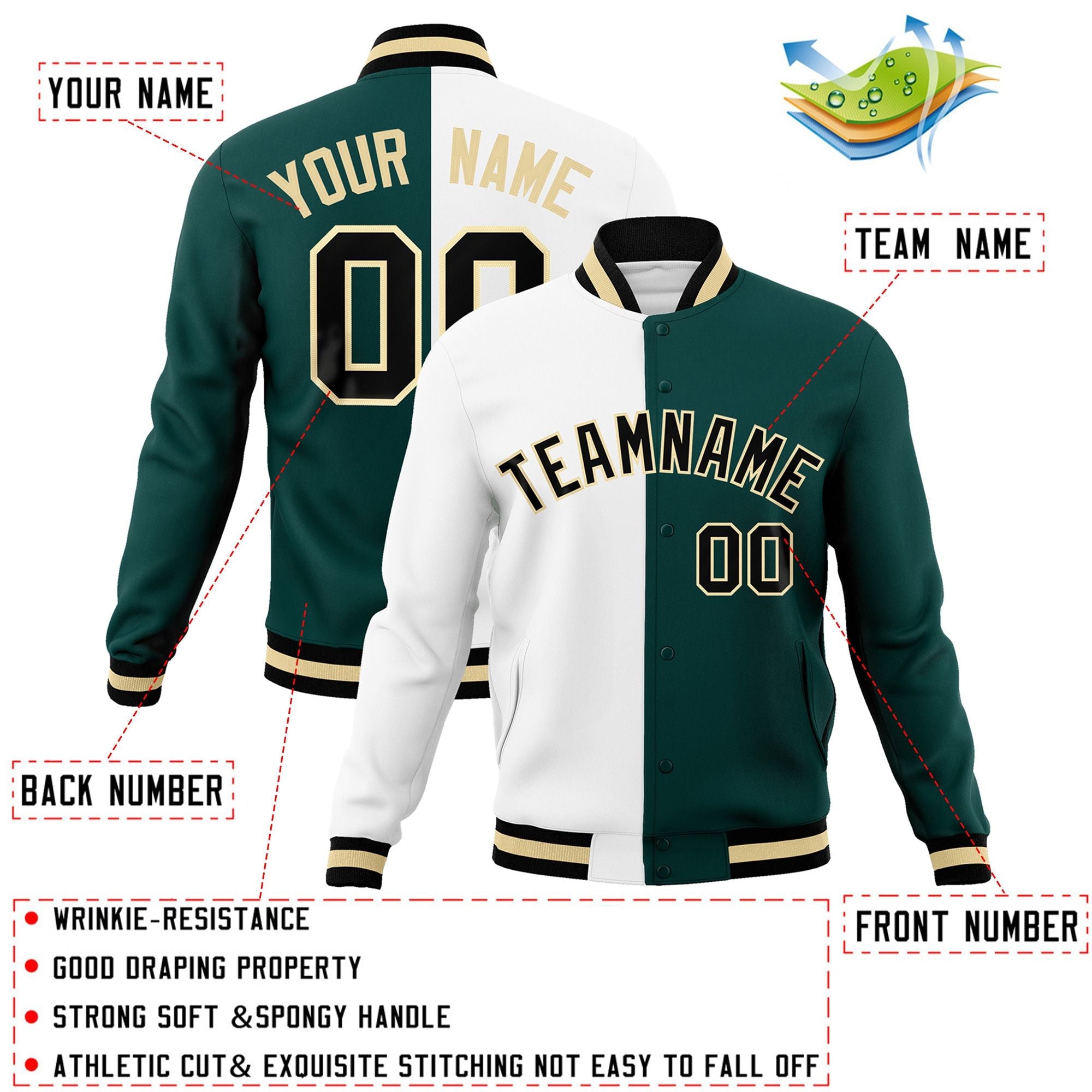 Custom White Midnight Green-Black Varsity Full-Snap Letterman Two Tone Split Fashion Jacket