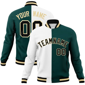 Custom White Midnight Green-Black Varsity Full-Snap Letterman Two Tone Split Fashion Jacket