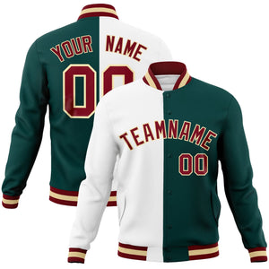 Custom White Midnight Green-Crimson Varsity Full-Snap Letterman Two Tone Split Fashion Jacket