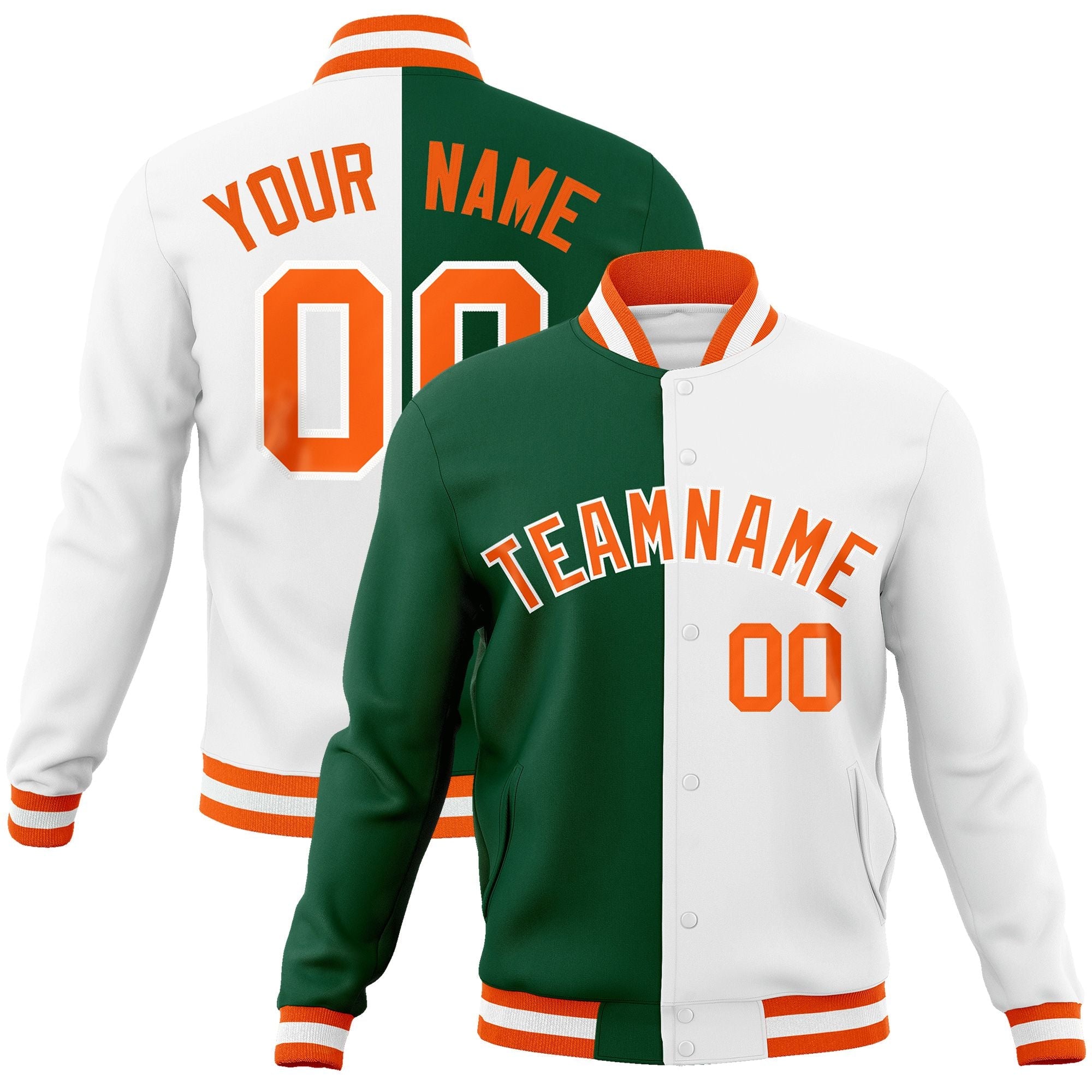 Custom Green White-Orange Varsity Full-Snap Letterman Two Tone Split Fashion Jacket