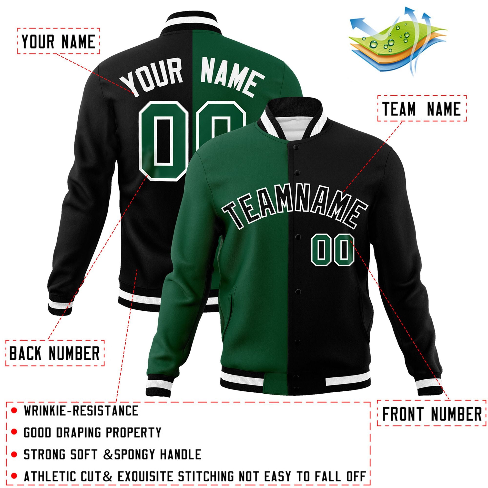 Custom Green Black-Black Varsity Full-Snap Letterman Two Tone Split Fashion Jacket