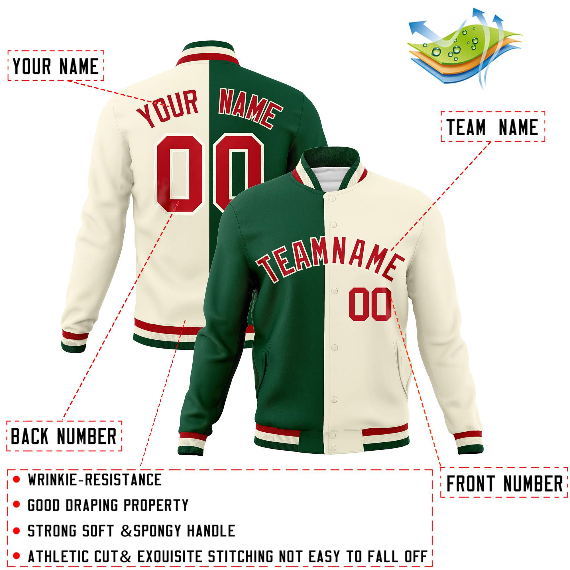 Custom Green Khaki-Red Varsity Full-Snap Letterman Two Tone Split Fashion Jacket