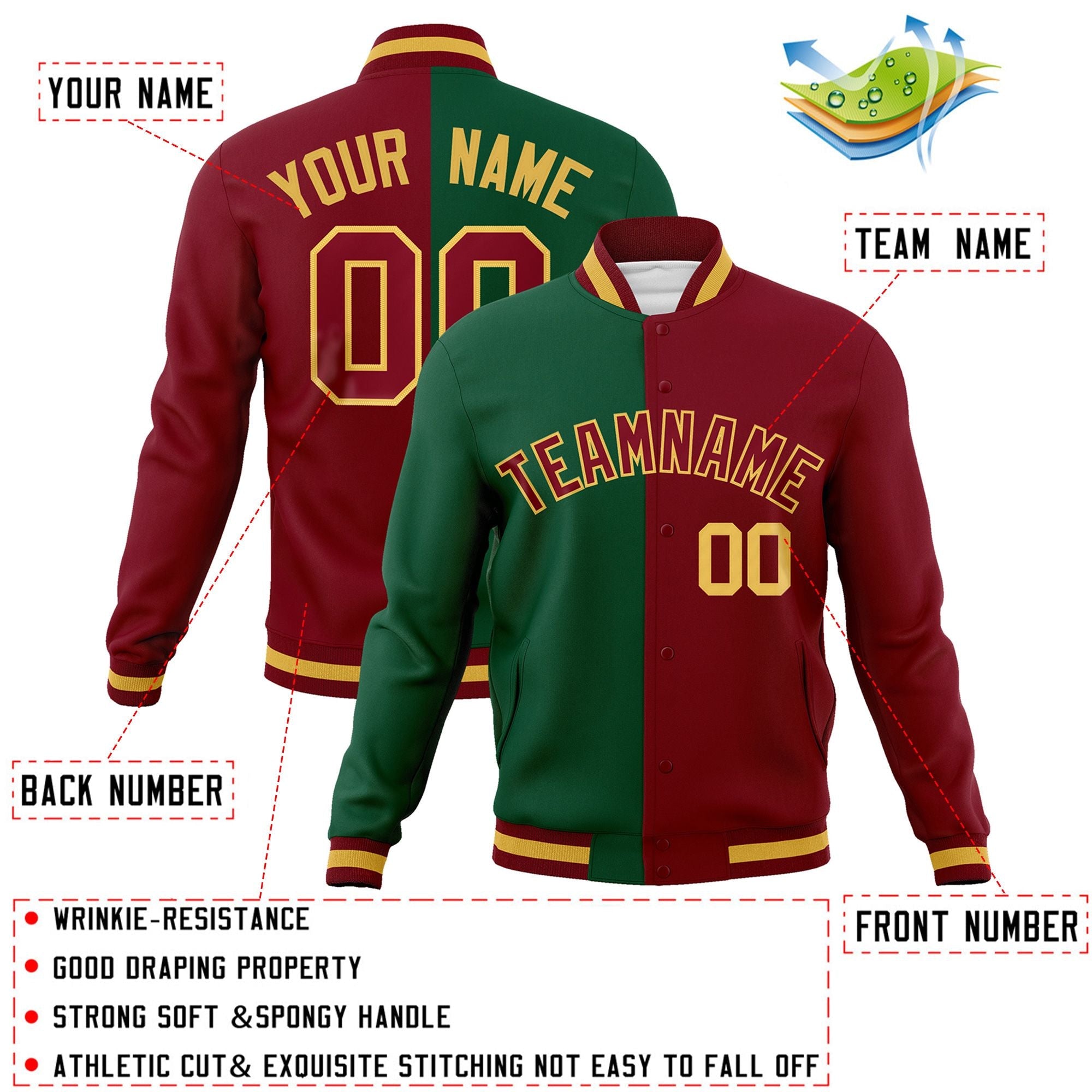 Custom Green Crimson-Crimson Varsity Full-Snap Letterman Two Tone Split Fashion Jacket