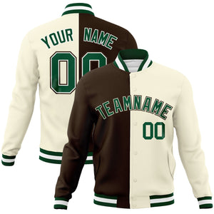 Custom Brown Khaki-Green Varsity Full-Snap Letterman Two Tone Split Fashion Jacket