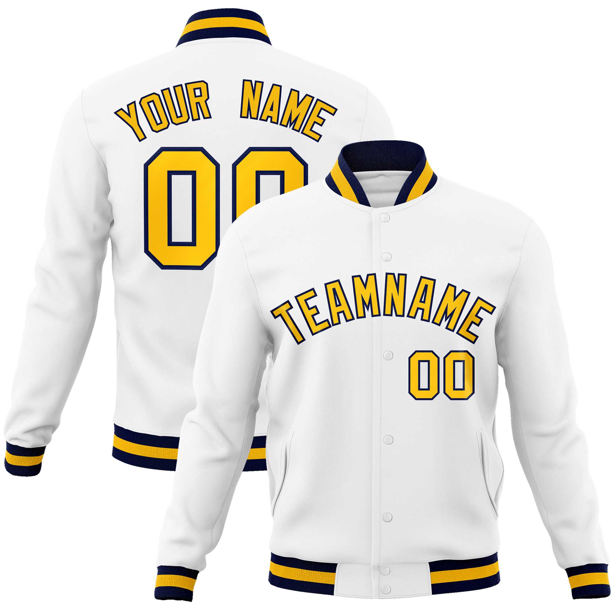 Custom White Gold-Navy Classic Style Varsity Full-Snap Letterman Jacket