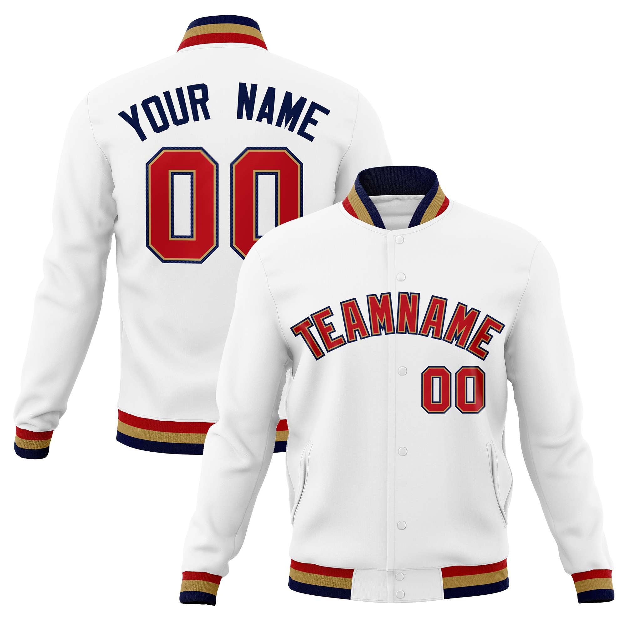 Custom White Red-Navy Classic Style Varsity Full-Snap Letterman Jacket