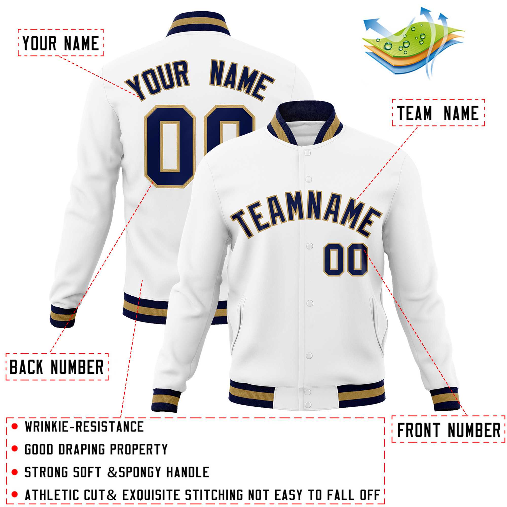 Custom White Navy-Old Gold Classic Style Varsity Full-Snap Letterman Jacket