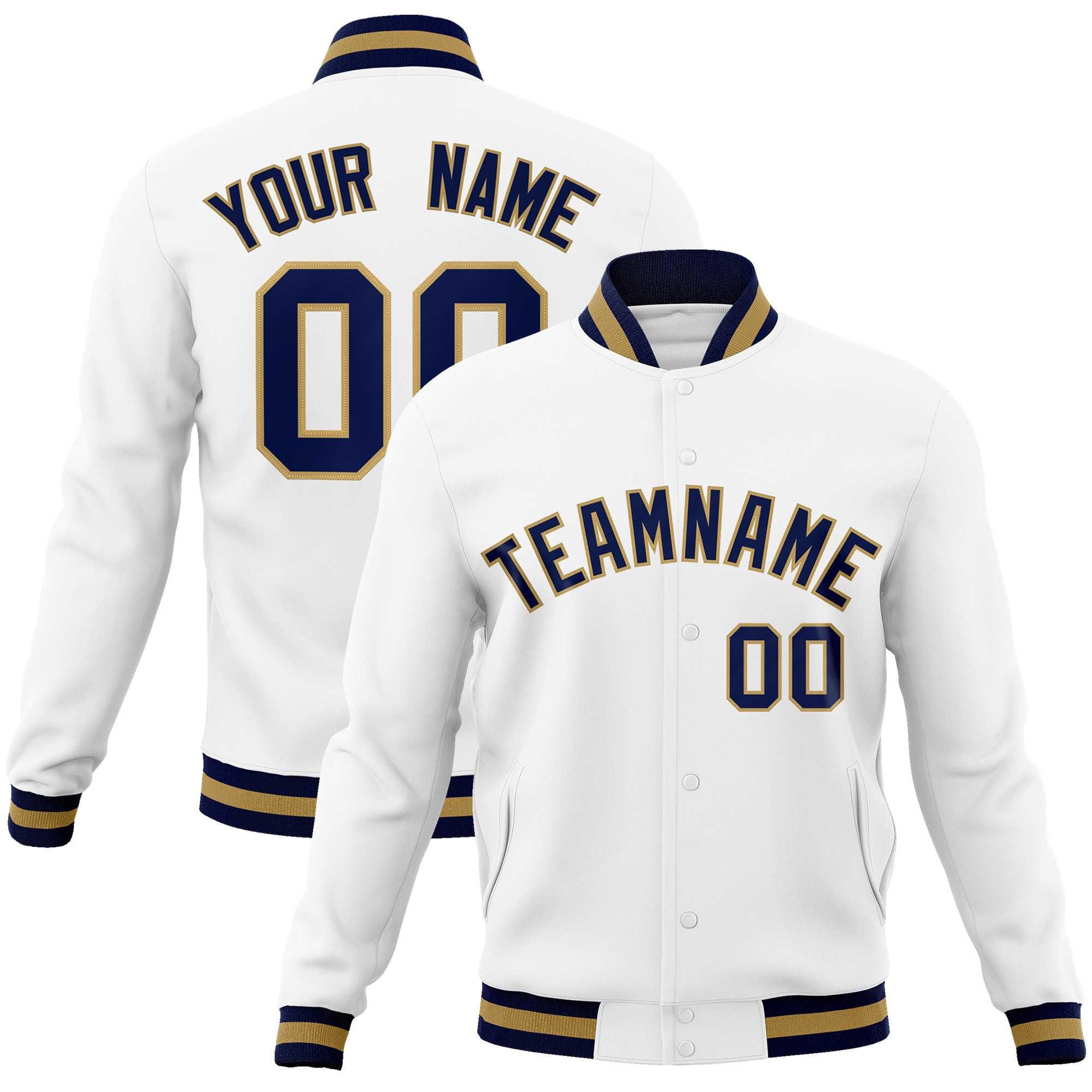 Custom White Navy-Old Gold Classic Style Varsity Full-Snap Letterman Jacket