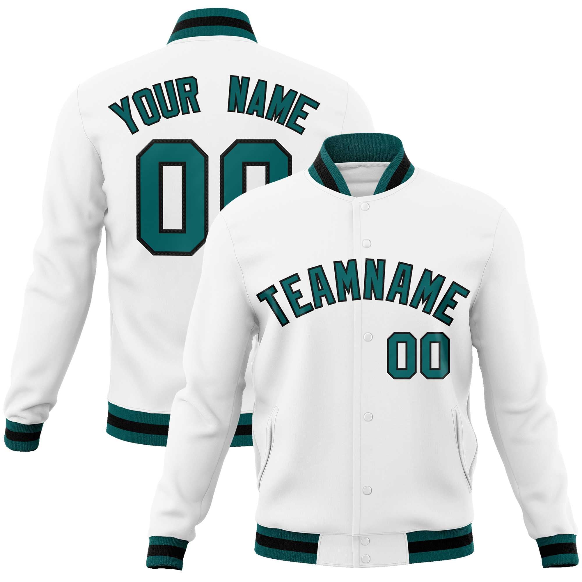 Custom White Aqua-Black Classic Style Varsity Full-Snap Letterman Jacket