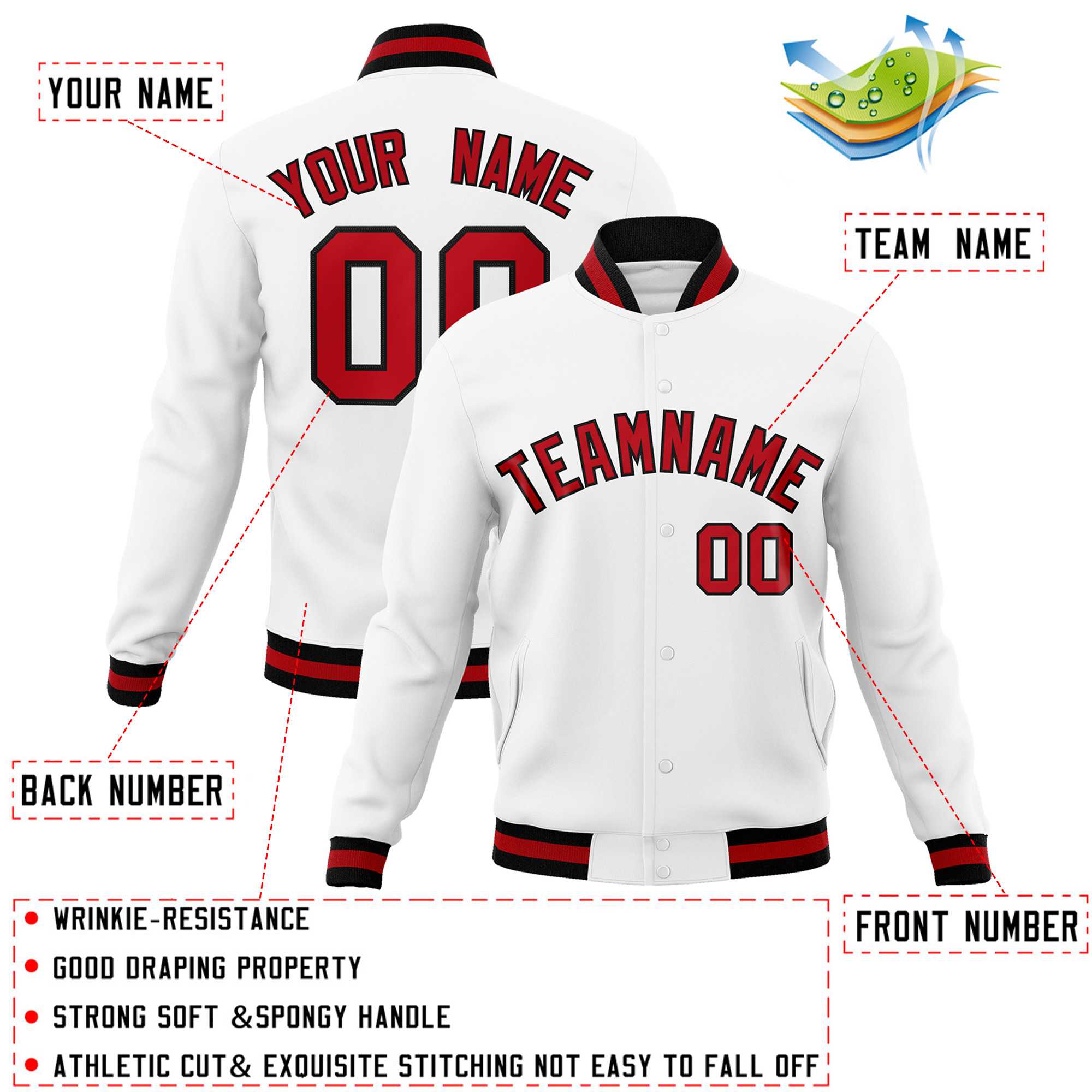 Custom White Red-Black Classic Style Varsity Full-Snap Letterman Jacket