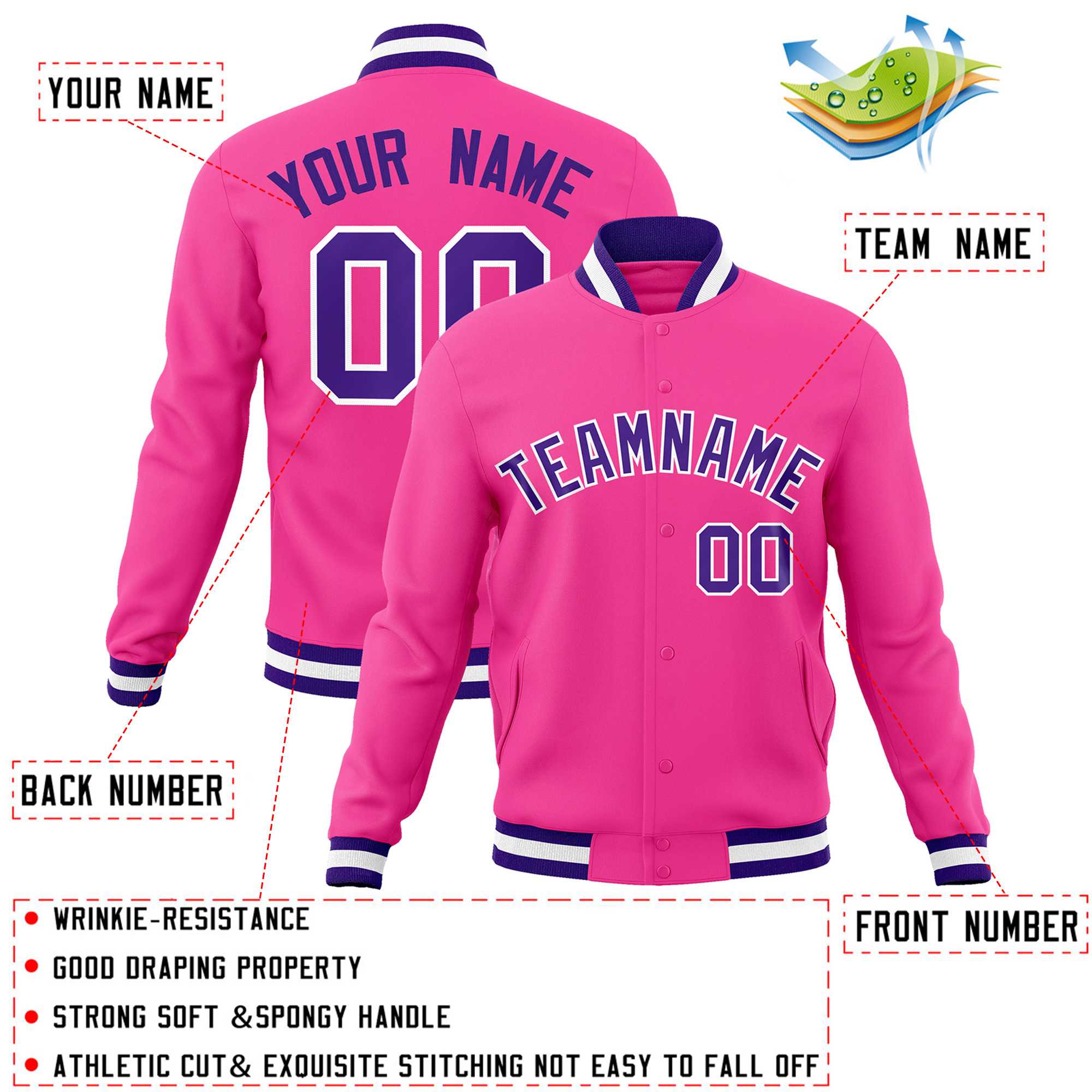 Custom Pink Purple-White Classic Style Varsity Full-Snap Letterman Jacket