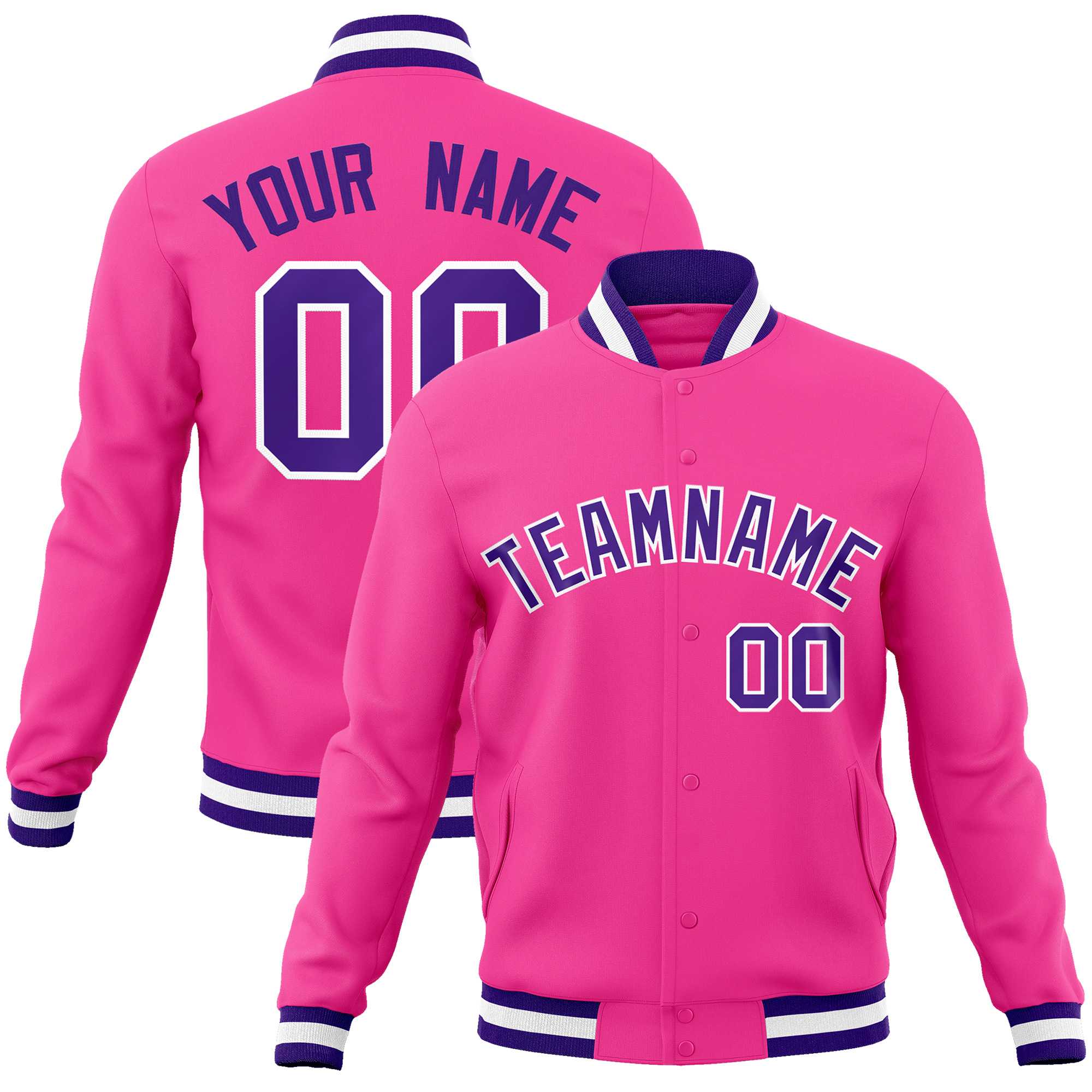 Custom Pink Purple-White Classic Style Varsity Full-Snap Letterman Jacket