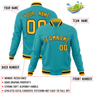 Custom Aqua Yellow-Black Classic Style Varsity Full-Snap Letterman Jacket