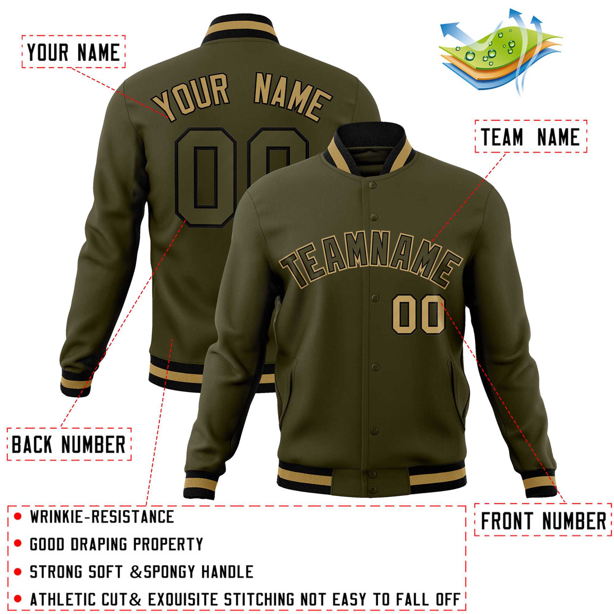 Custom Olive Olive-Old Gold Classic Style Varsity Full-Snap Letterman Jacket