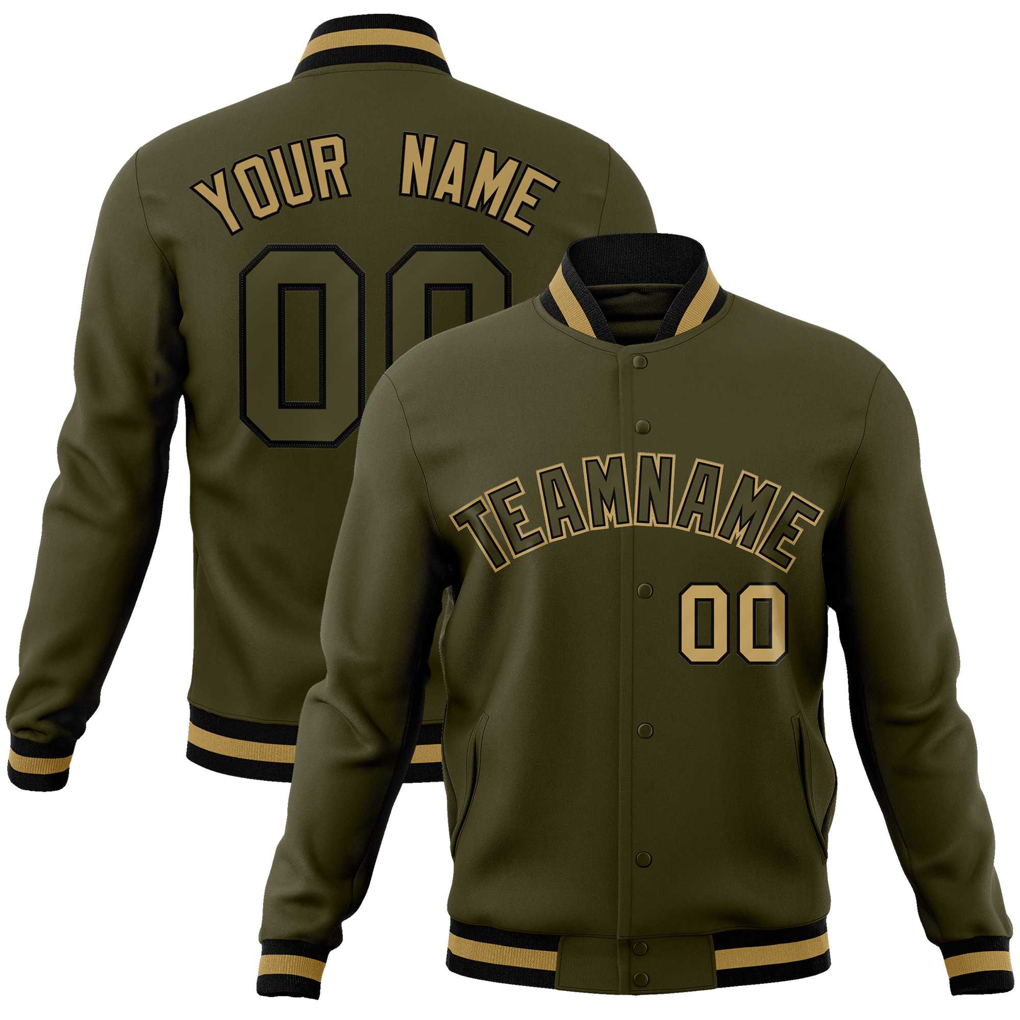 Custom Olive Olive-Old Gold Classic Style Varsity Full-Snap Letterman Jacket